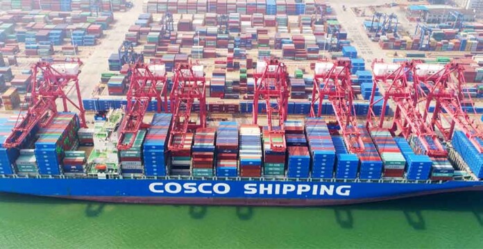 Large Cosco Shipping vessel docked at port