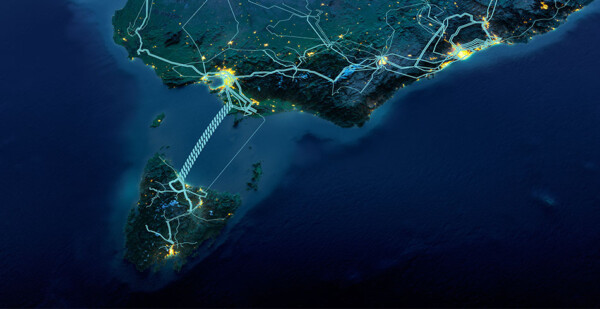 Digital map highlighting Marinus Link transmission line from Victoria to Tasmania