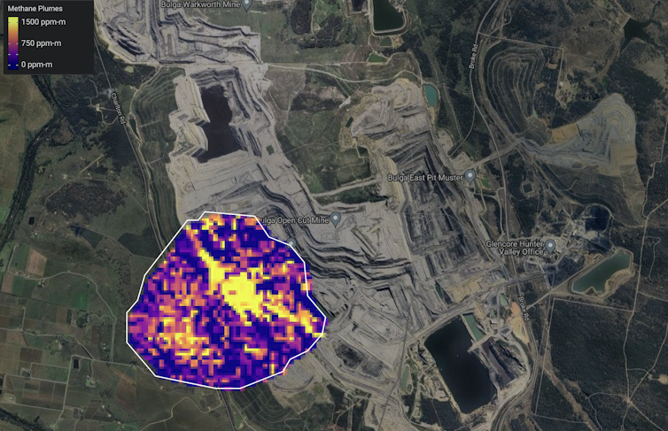 Glencoreโs Hunter Valley Coal Mine as seen from above, with satellite data showing a plume of methane on one side